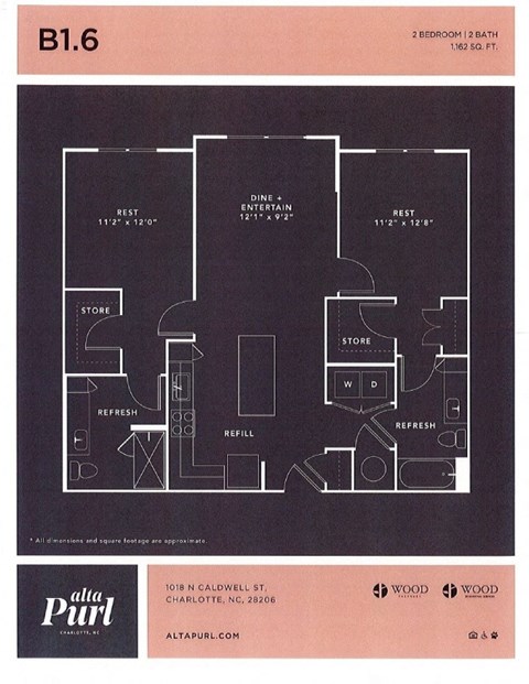 Floor plan for 2 beds, 2 baths, 1162 sqft